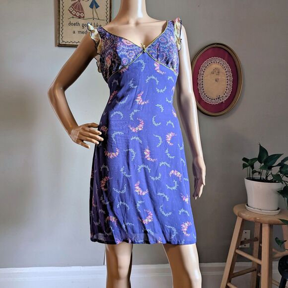 Vintage Y2K Laundry by Shelli Segal Floral Mini Dress Ruffle Purple Cottage 2 - Picture 1 of 11